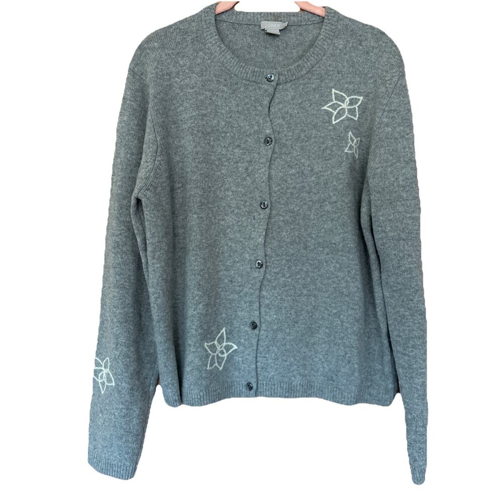VTG J. Crew Gray Lambs wool Cardigan Sweater White Flower Sz L Coastal Grandma